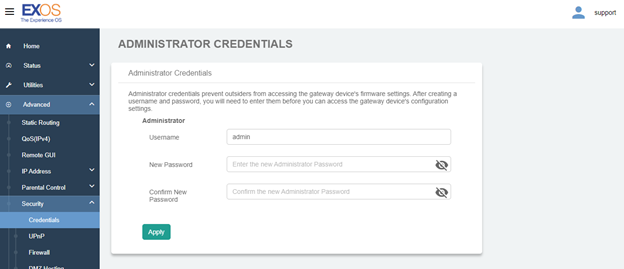 Next, select Credentials. The Administrator Credentials page will allow you to change the username and password to access the Gateway.
